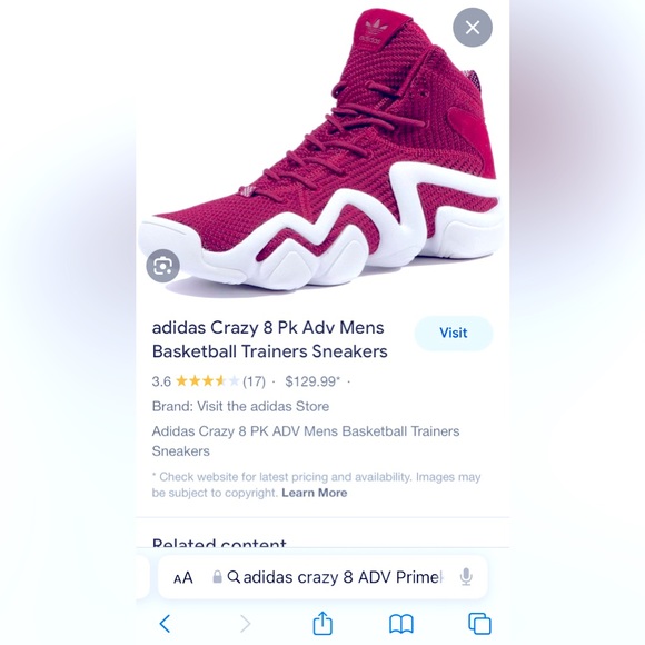 Adidas Crazy 8 ADV Primeknit Men7 1/2 M (Medium Width Wide) 9.5 Woman - Picture 2 of 5